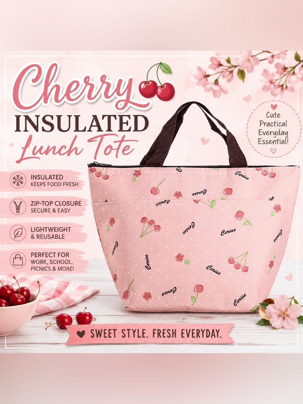 Cerise Cherry Insulated Lunch Tote Bag Cooler Bag Zip Top Reusable